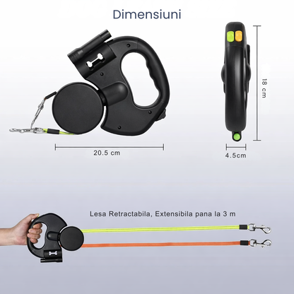 Lesa Dubla Retractabila 2 Caini Rotire 360 Grade Anti-Incurcare