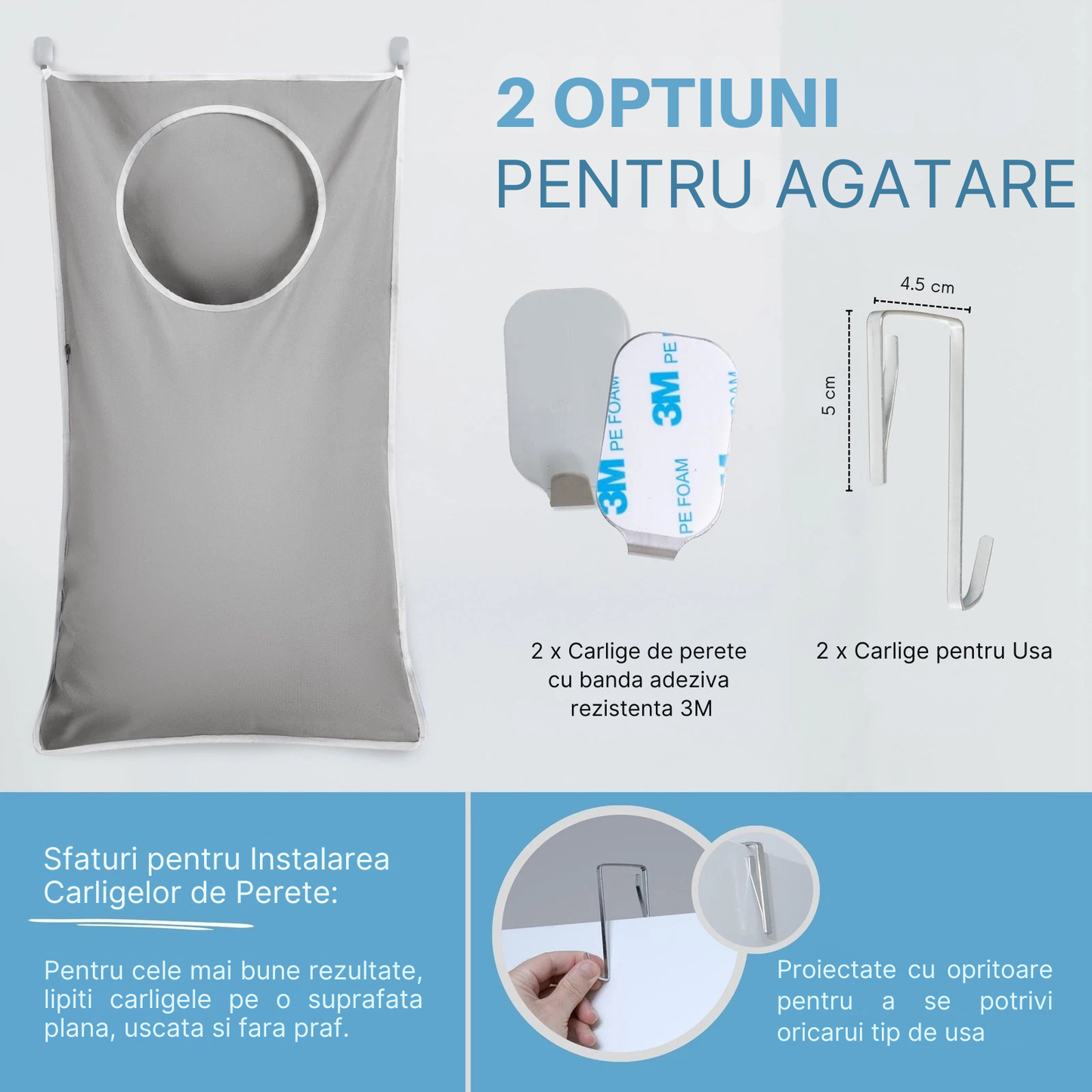 Cos Rufe Suspendat pentru Usa 80L cu Fermoar si Material Impermeabil, 2 Tipuri Carlige