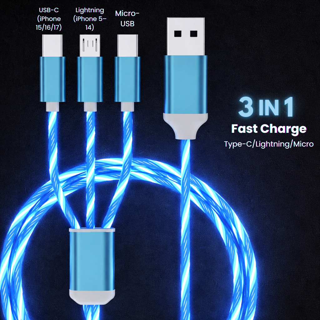 Cablu Incarcare 3 in 1 Glow LED cu Lumina in Miscare Lightning/Type-C/Micro-USB