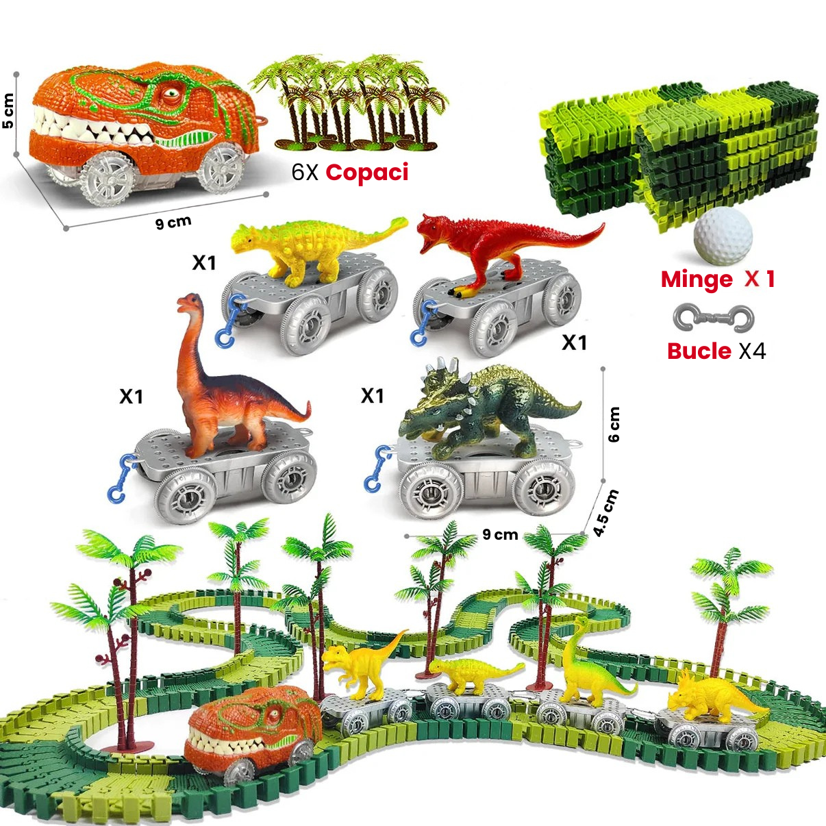 Set Tren Electric cu Dinozauri, Sina Flexibila si Locomotiva cu Lumina LED, 195 Piese