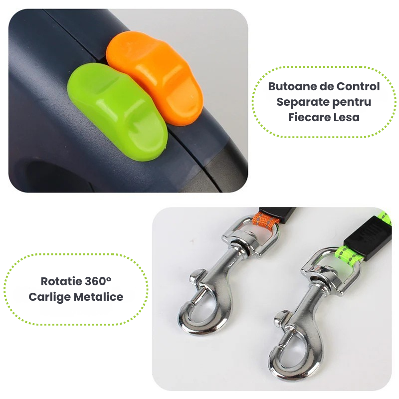 Lesa Dubla Retractabila 2 Caini Rotire 360 Grade Anti-Incurcare