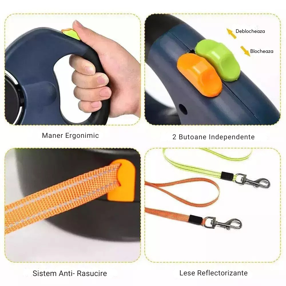 Lesa Dubla Retractabila 2 Caini Rotire 360 Grade Anti-Incurcare