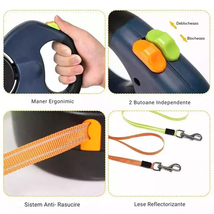 Lesa Dubla Retractabila 2 Caini Rotire 360 Grade Anti-Incurcare