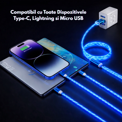 Cablu Incarcare 3 in 1 Glow LED cu Lumina in Miscare Lightning/Type-C/Micro-USB