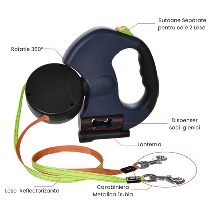 Lesa Dubla Retractabila 2 Caini Rotire 360 Grade Anti-Incurcare