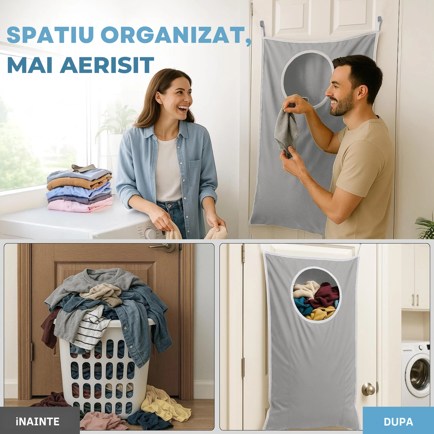 Cos Rufe Suspendat pentru Usa 80L cu Fermoar si Material Impermeabil, 2 Tipuri Carlige