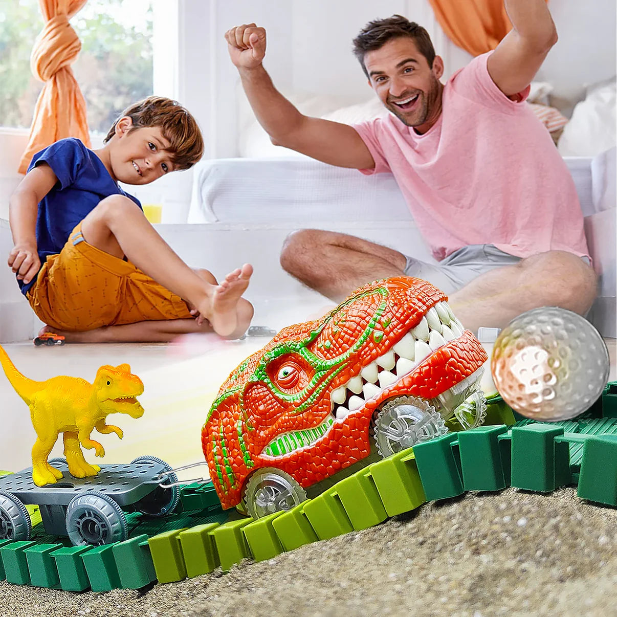 Set Tren Electric cu Dinozauri, Sina Flexibila si Locomotiva cu Lumina LED, 195 Piese