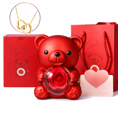 Set Cadou Premium Ursulet cu Trandafir Etern si Colier Inimi Impletite – Cadou Elegant pentru Ea