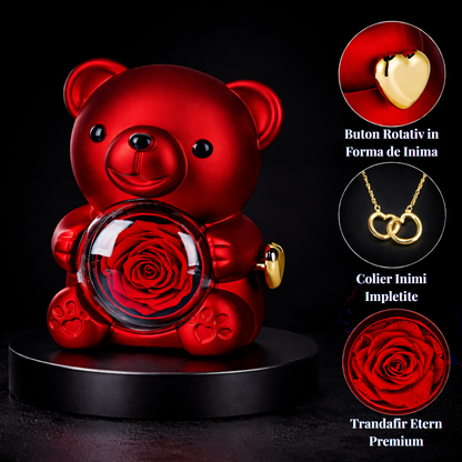 Set Cadou Premium Ursulet cu Trandafir Etern si Colier Inimi Impletite – Cadou Elegant pentru Ea