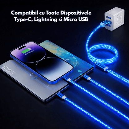Cablu Incarcare 3 in 1 Glow LED cu Lumina in Miscare Lightning/Type-C/Micro-USB - Azora Shop
