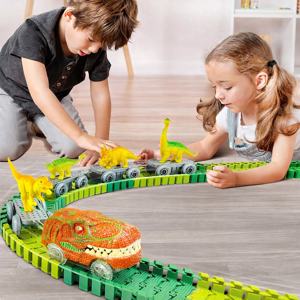 Set Tren Electric cu Dinozauri, Sina Flexibila si Locomotiva cu Lumina LED, 195 Piese