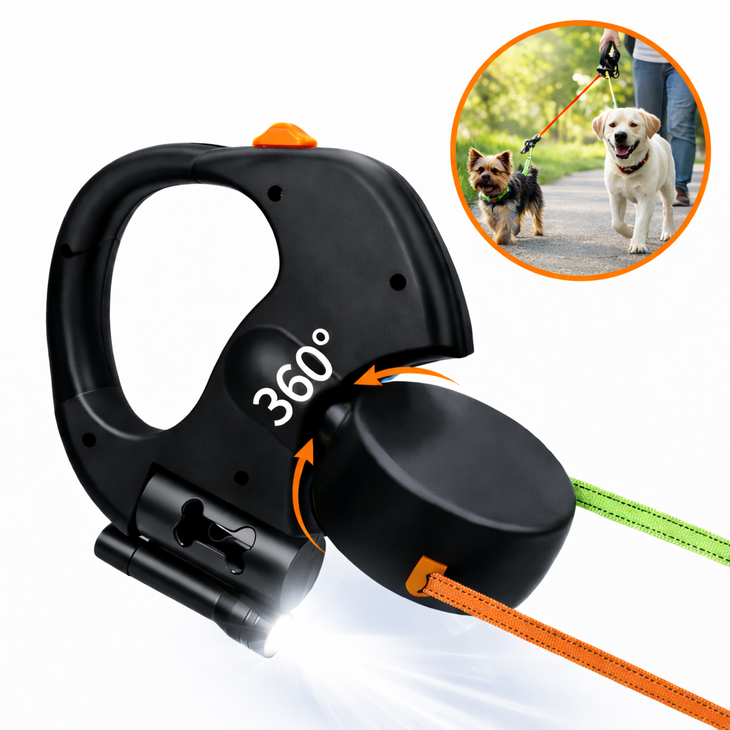 Lesa Dubla Retractabila 2 Caini Rotire 360 Grade Anti-Incurcare