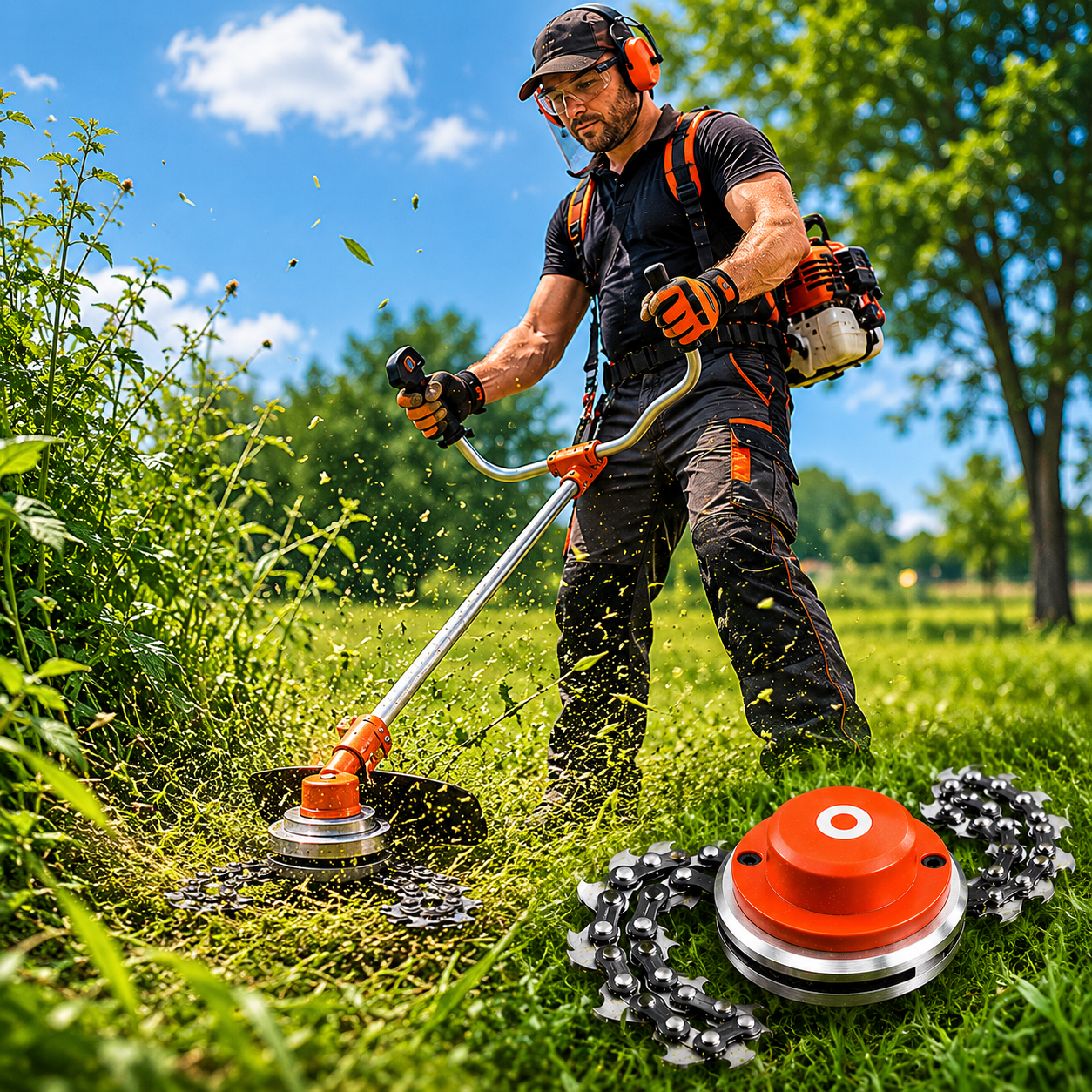 Tap&Go™ Disc Profesional cu Lanț pentru Motocoasă – Taie Rapid Buruieni și Mărăcini