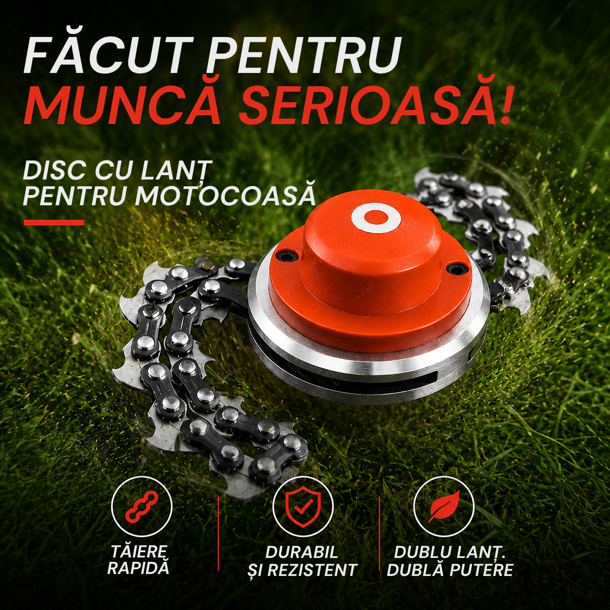 Tap&Go™ Disc Profesional cu Lanț pentru Motocoasă – Taie Rapid Buruieni și Mărăcini