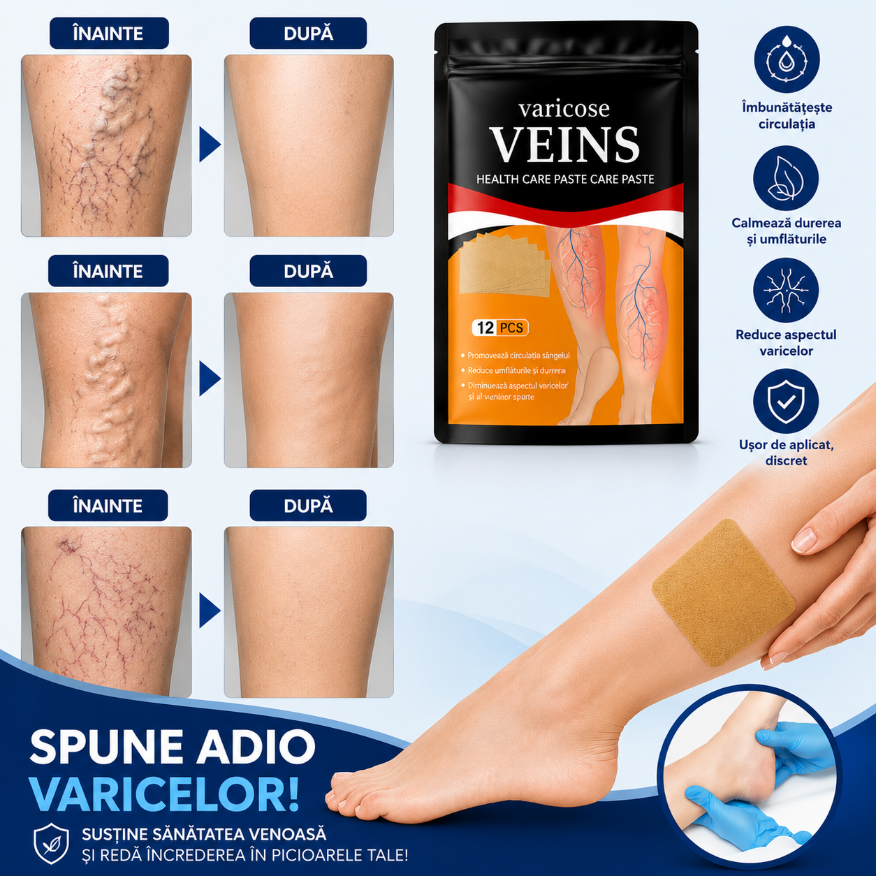 Set 12 Plasturi VenoConfort™ pentru Varice și Îngrijirea Picioarelor Inflamate