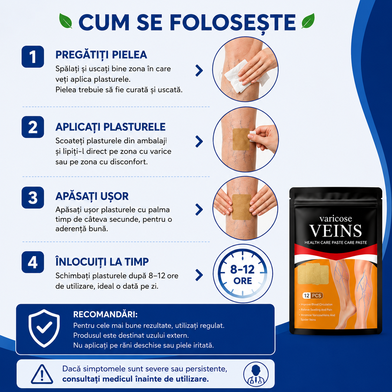 Set 12 Plasturi VenoConfort™ pentru Varice și Îngrijirea Picioarelor Inflamate