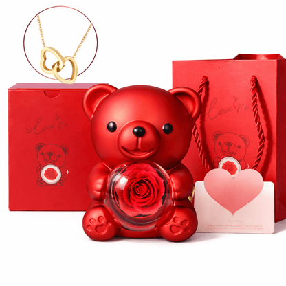 Set Cadou Premium Ursulet cu Trandafir Etern si Colier Inimi Impletite – Cadou Elegant pentru Ea - Azora Shop
