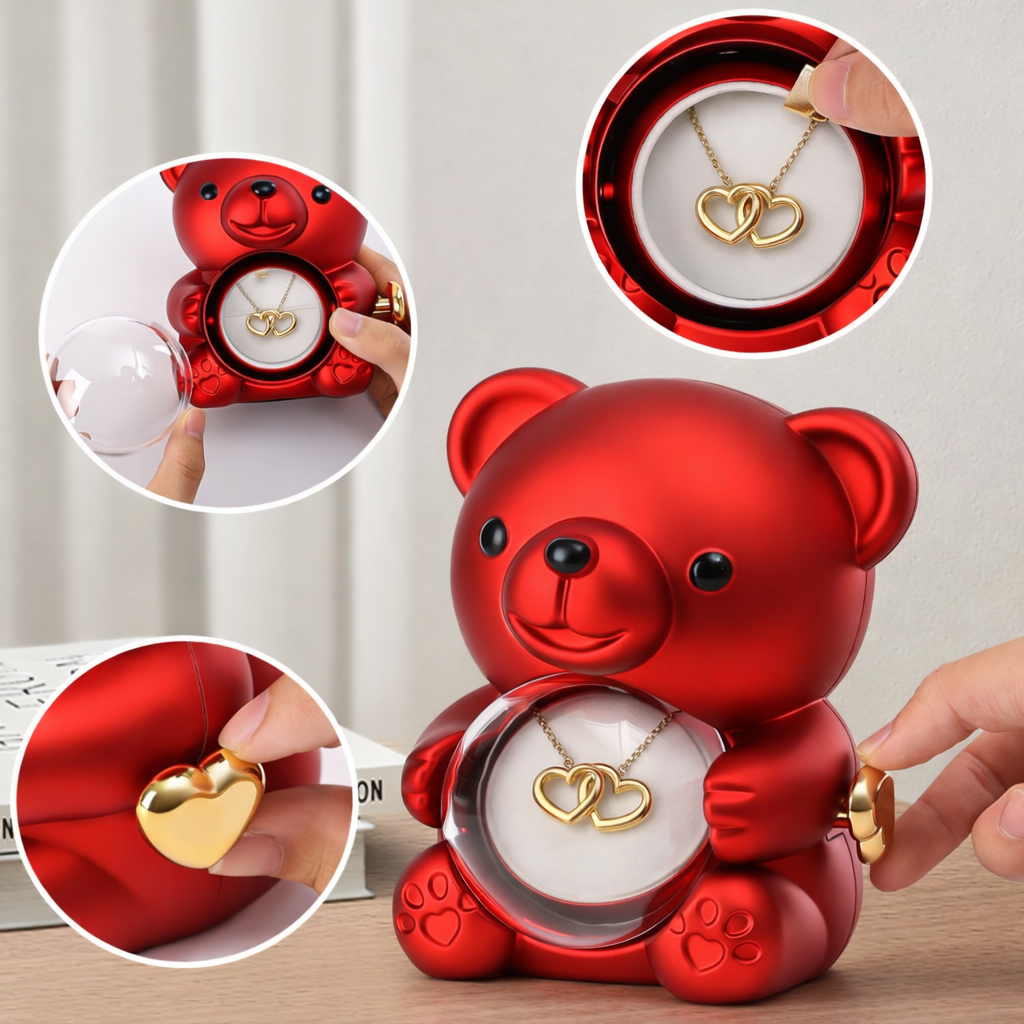 Set Cadou Premium Ursulet cu Trandafir Etern si Colier Inimi Impletite – Cadou Elegant pentru Ea